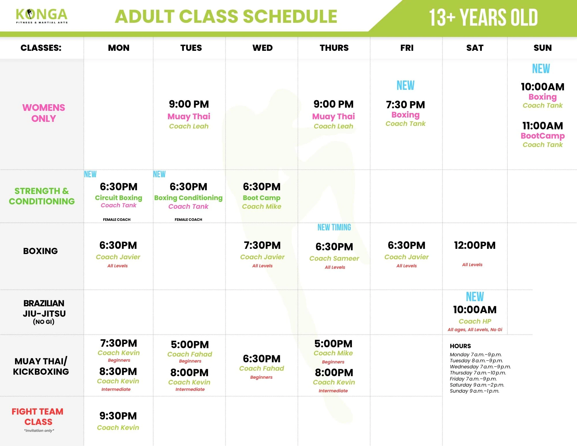 Konga Fitness weekly class timetable for adults ages 13 and up