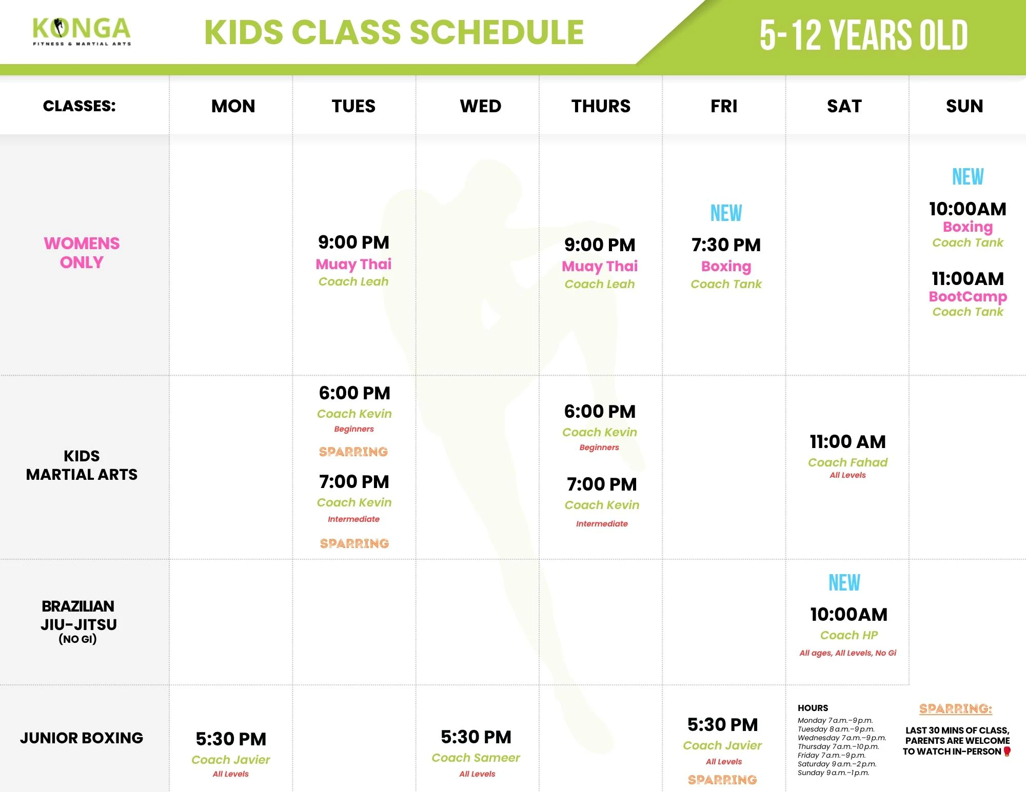 Konga Fitness weekly class timetable for children ages 5 to 12