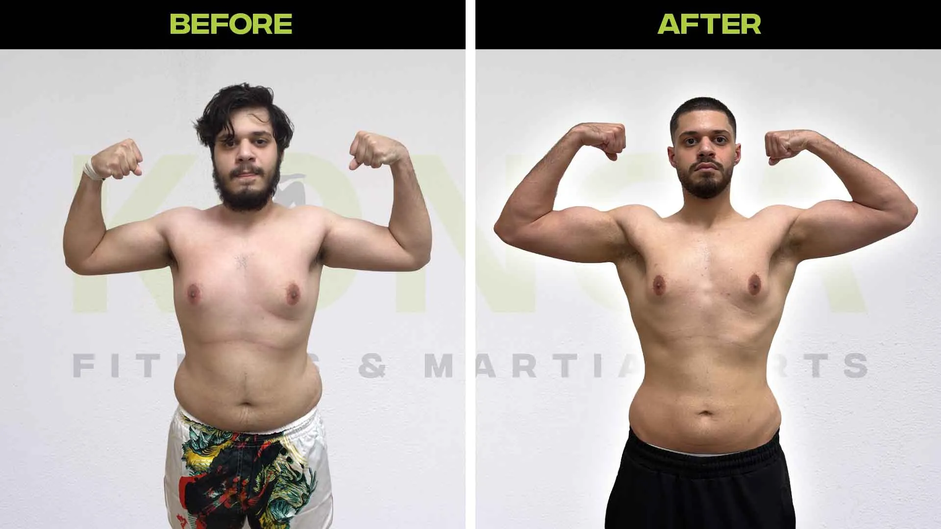 Before-and-after photos of a male Konga member flexing both arms