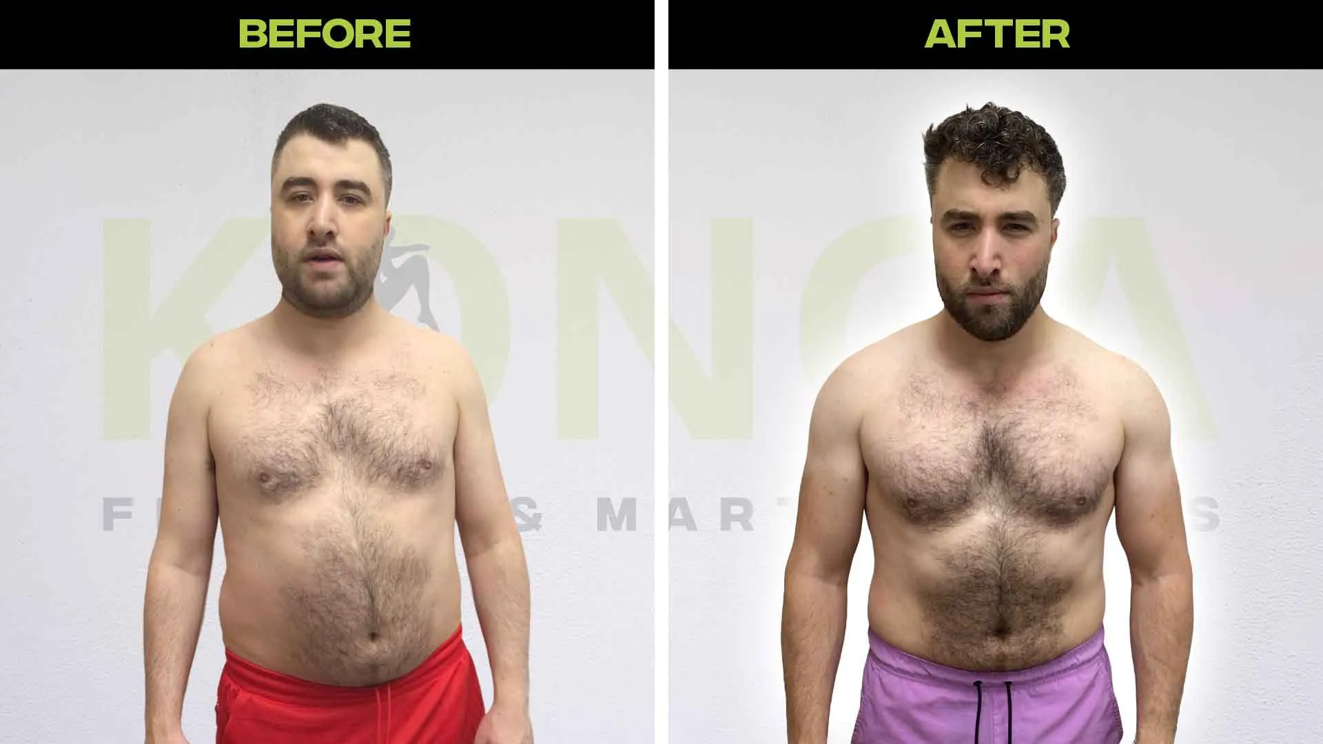Before-and-after photos of a male Konga member in red and purple shorts
