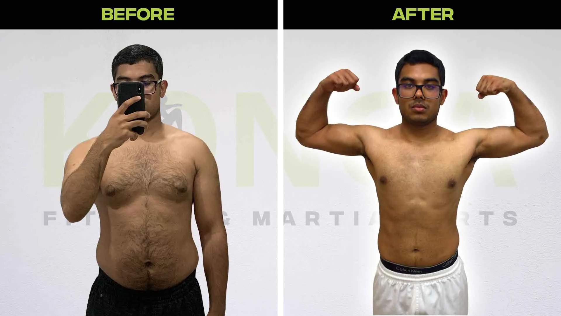 Before-and-after photos of a male Konga member taking a mirror photo and flexing his arms