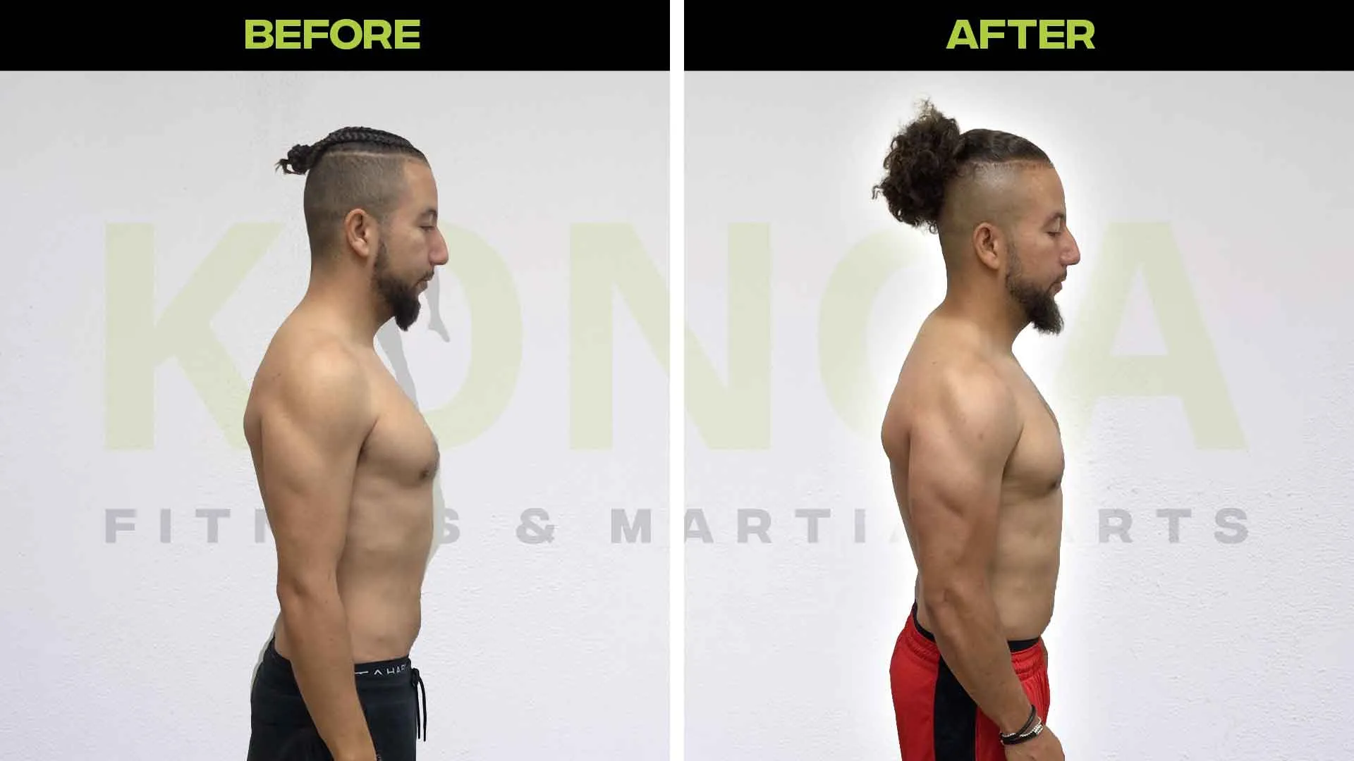 Side-view before-and-after photos of a male Konga member with tied-back hair
