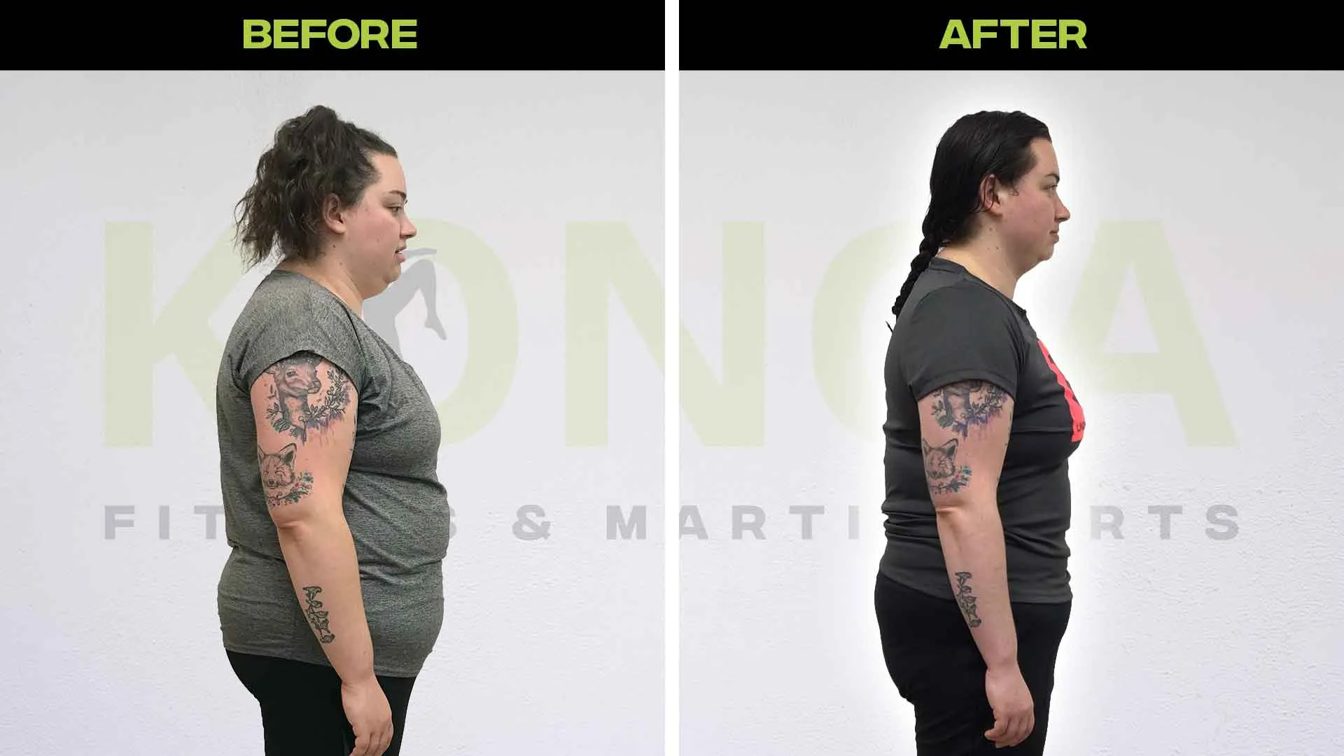 Side-view before-and-after photos of a female Konga member wearing a grey shirt