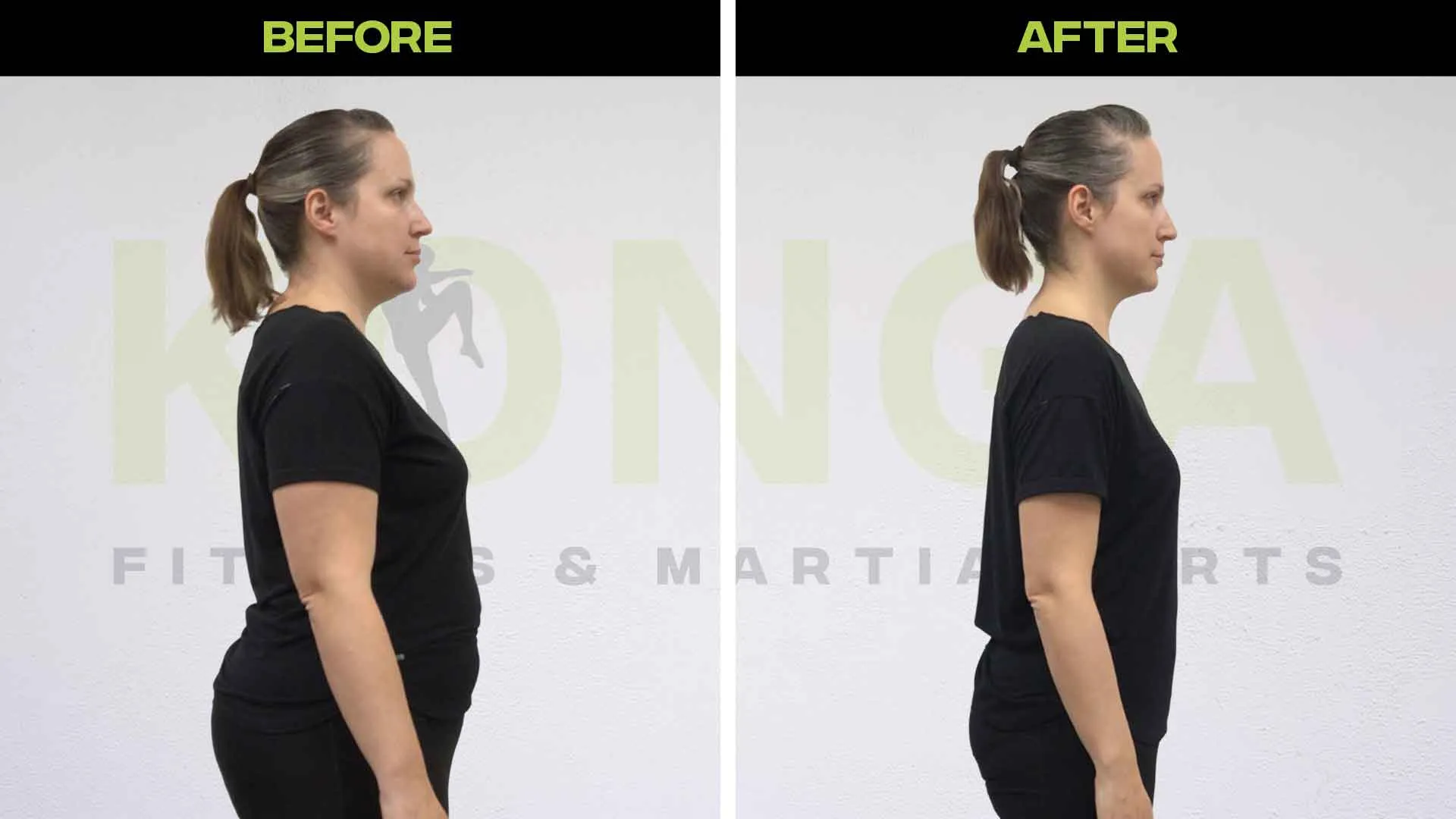 Side-view before-and-after photos of a female Konga member in black workout clothing
