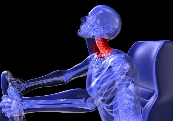 Illustration of a seated person's skeleton with the neck highlighted in red