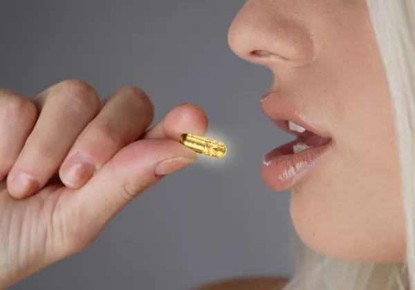 Person holding a supplement capsule near their mouth