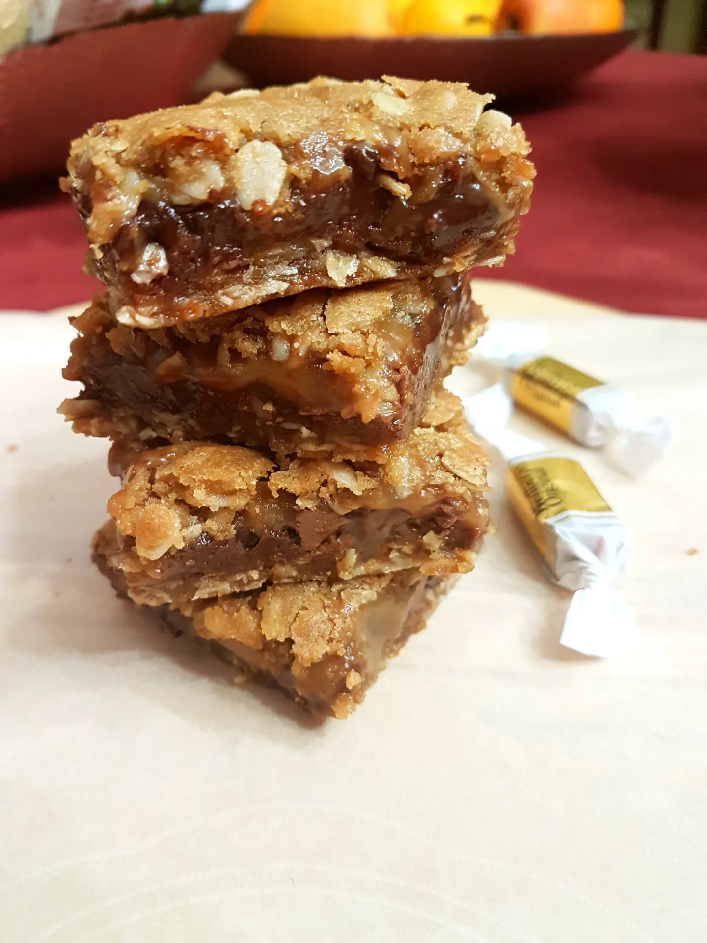 Stack of sliced chocolate and caramel oat bars