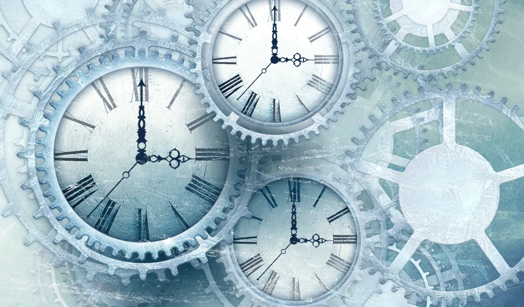 Overlapping clock faces on a frosty background