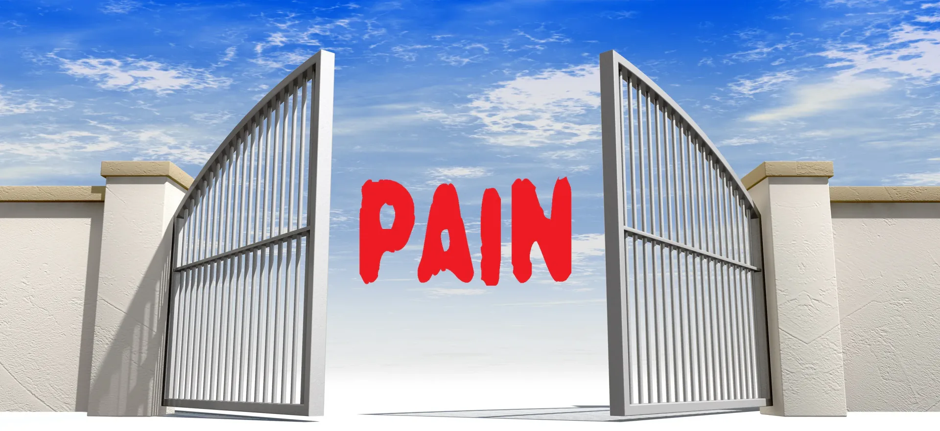 Open gates surrounding the word Pain