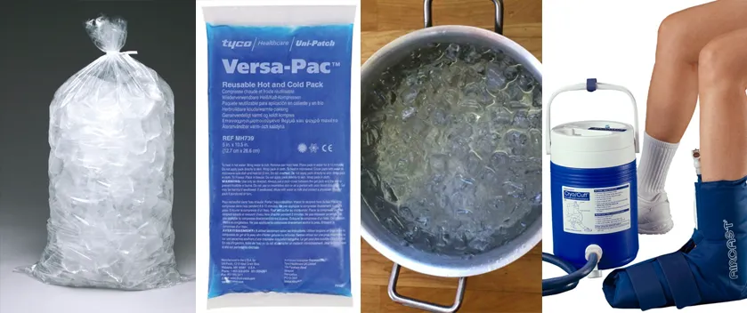 Examples of ice packs, ice baths and cooling equipment