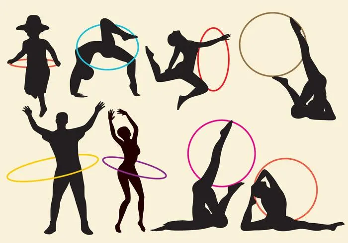 Silhouettes of people moving and exercising with hoops
