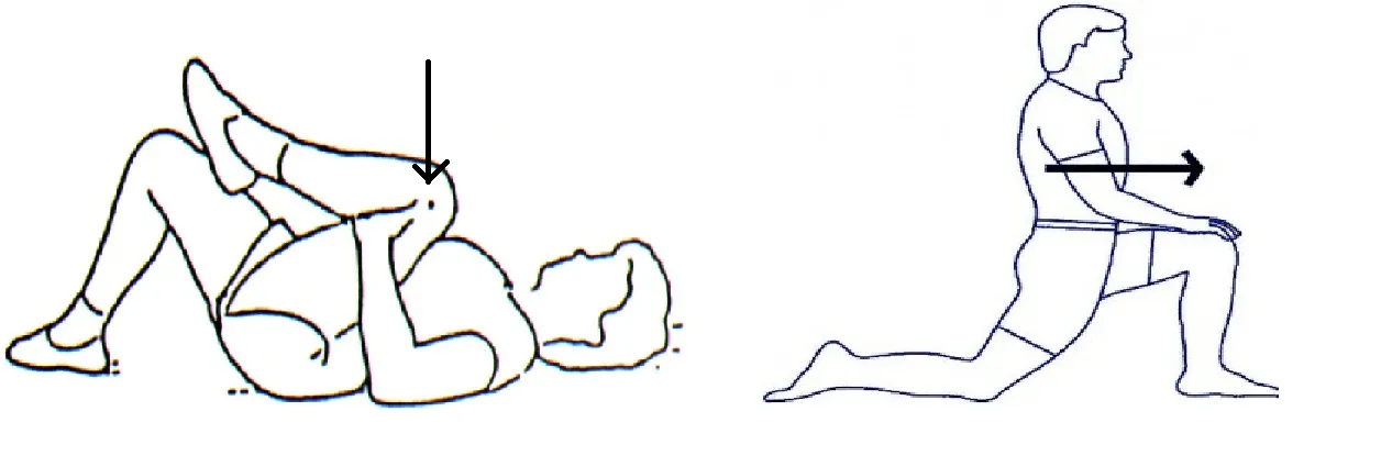 Line drawings demonstrating a knee-to-chest stretch and a kneeling lunge