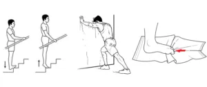 Drawings demonstrating calf and foot stretches