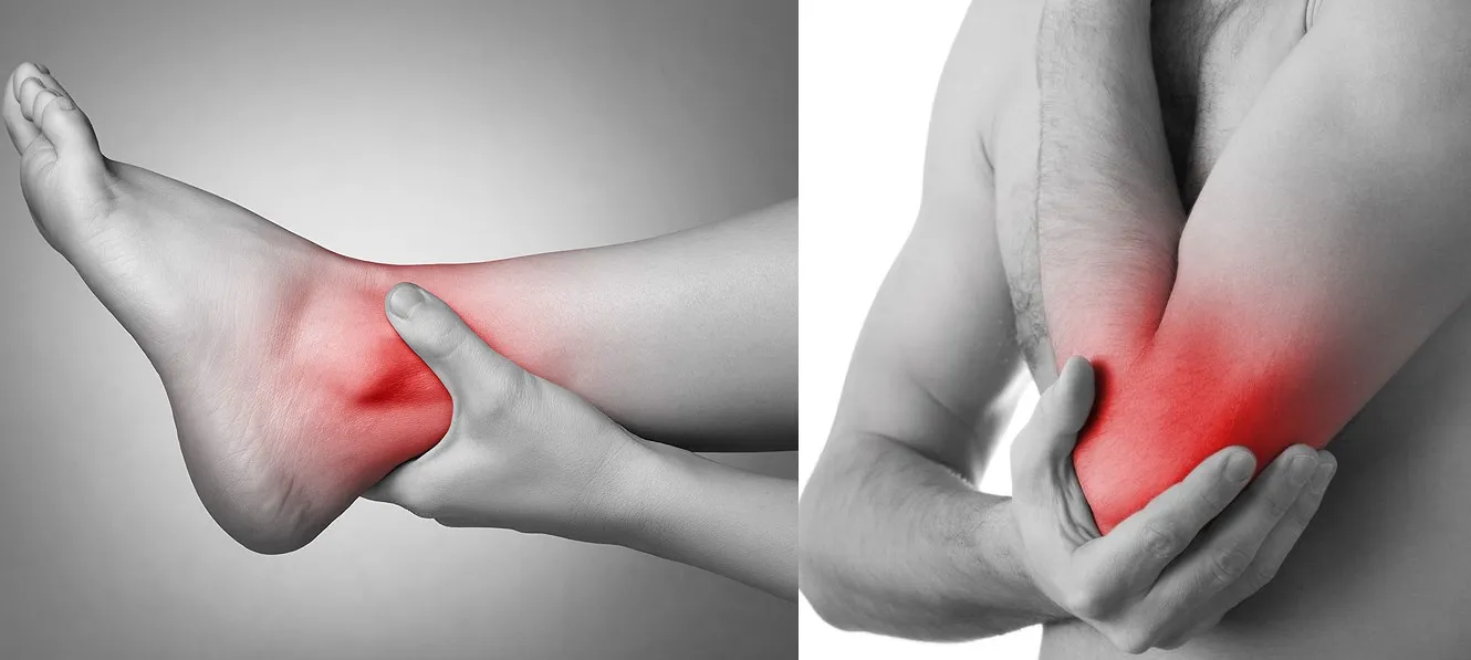 Hands holding an ankle and an elbow, with red highlighting around the joints