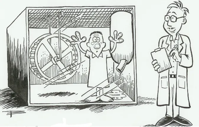 Cartoon of a person running in a wheel while an examiner holds a clipboard