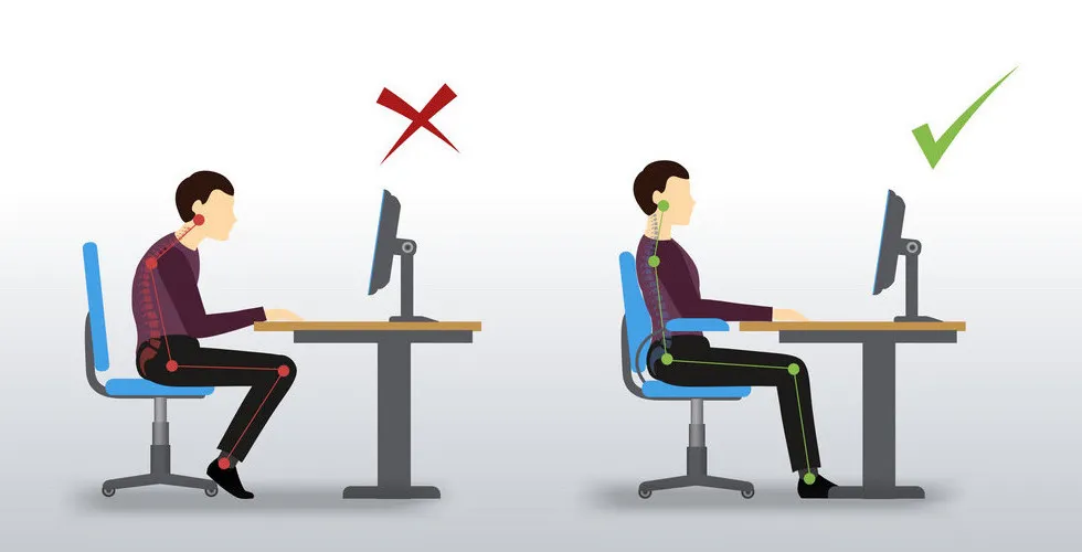 Illustration comparing slouched and upright posture at a computer desk