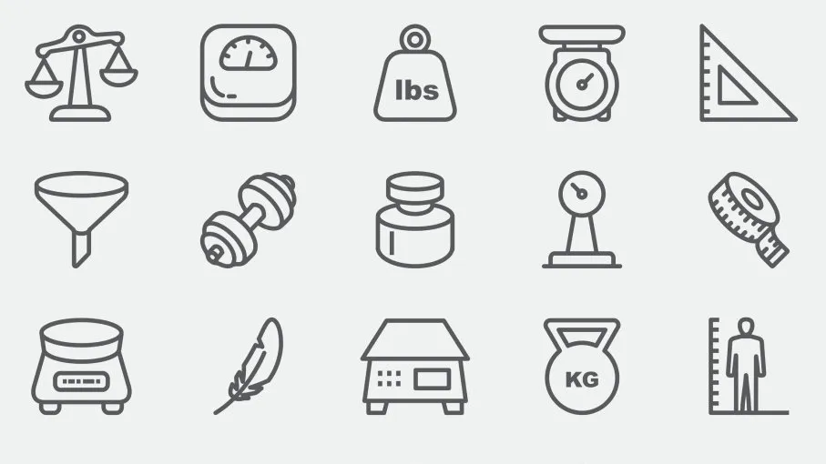 Icons of scales, measuring tools and weights