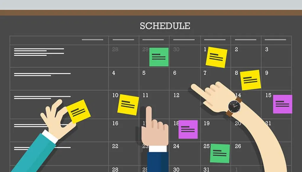 Illustrated calendar with colourful notes and hands arranging a schedule