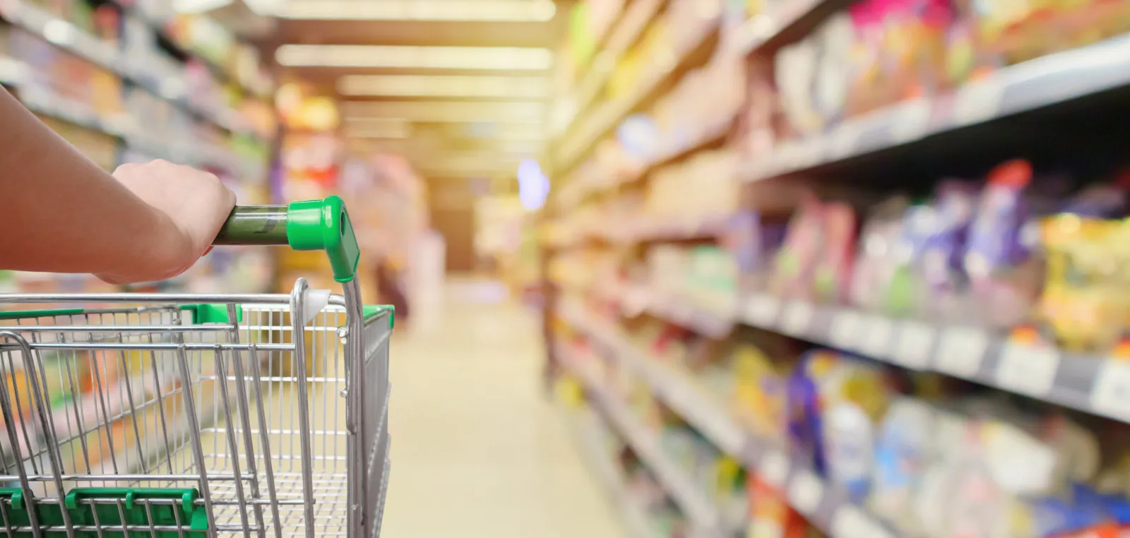 Shopper pushing a trolley down a grocery aisle