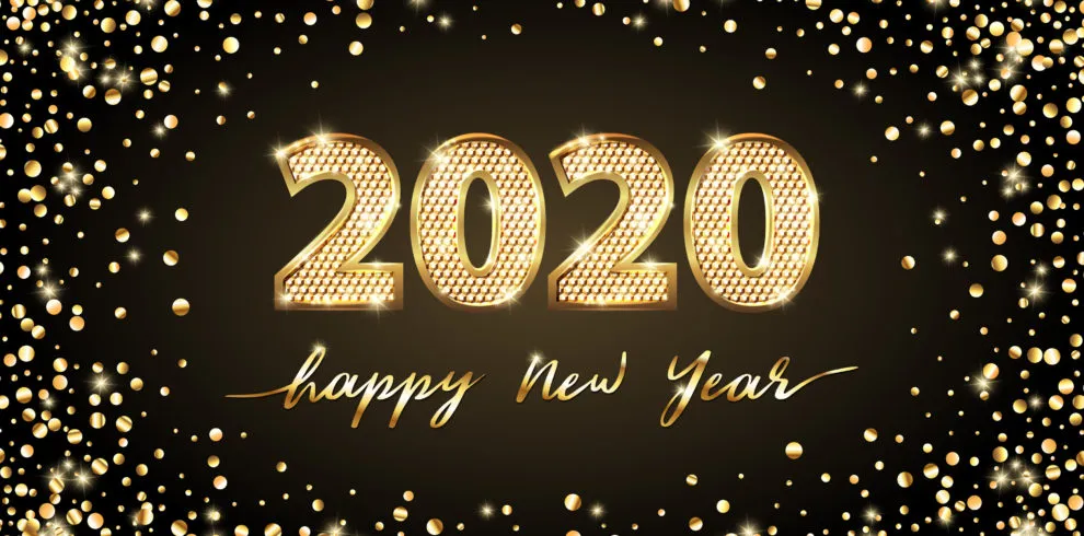 Happy New Year 2020 greeting in gold lettering
