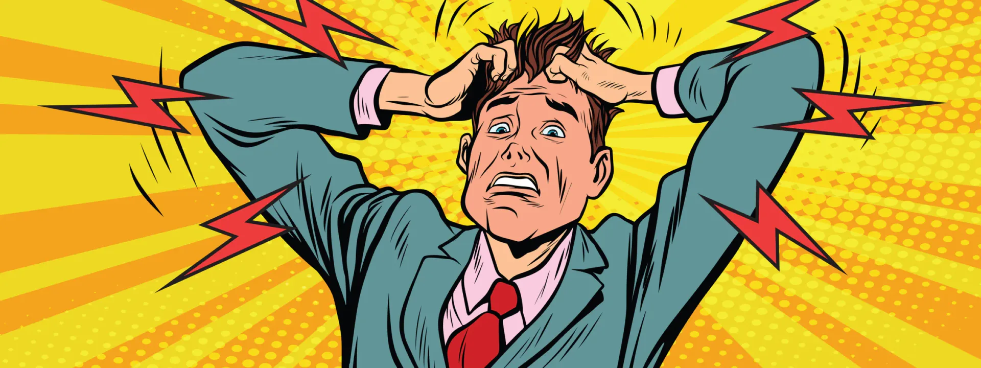 Comic illustration of a worried man holding his head