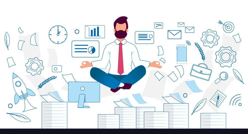 Illustration of an office worker meditating amid work-related icons