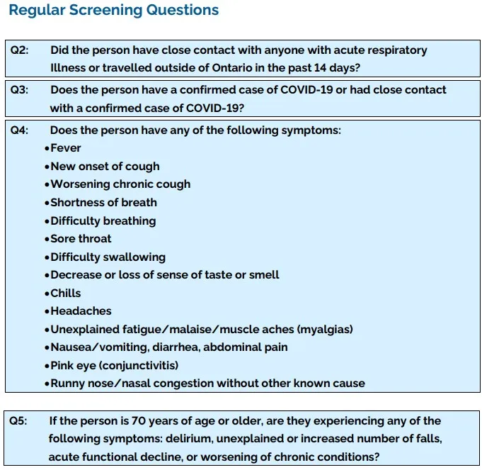 Archived COVID-19 screening questionnaire listing symptoms and exposure questions