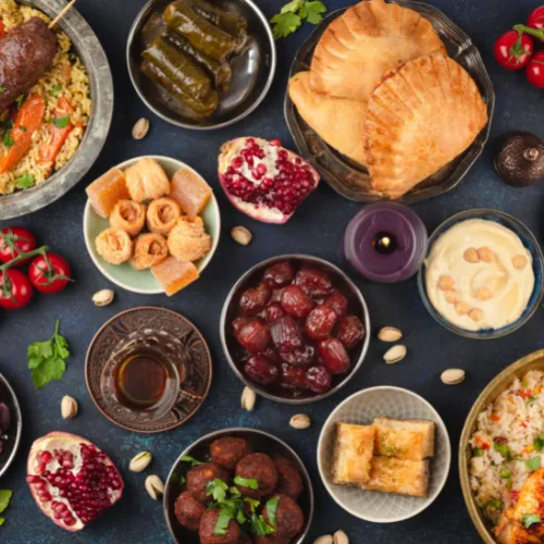 Assortment of fish, nuts, fruit and vegetables on a table