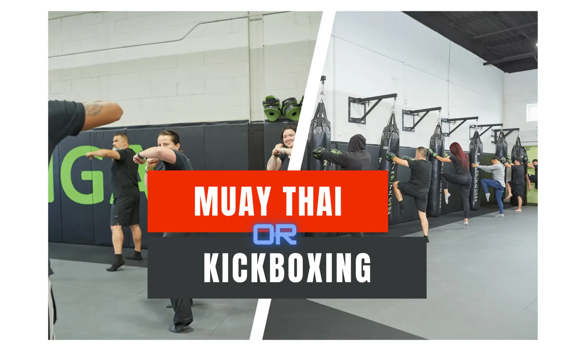Training collage labelled Muay Thai or Kickboxing