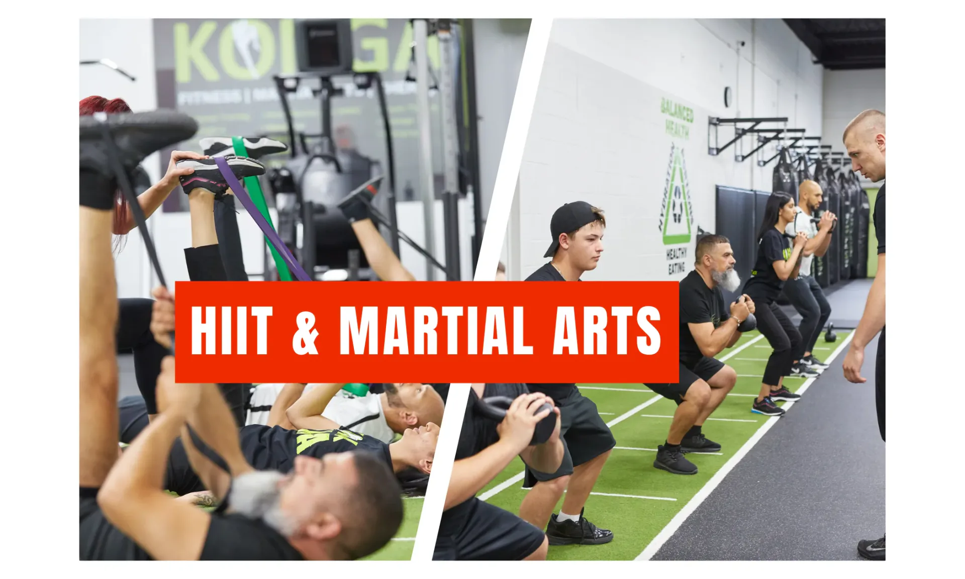 Strength-training collage labelled HIIT and Martial Arts