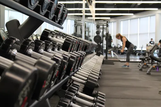 Dumbbell rack in a gym's weight-training area
