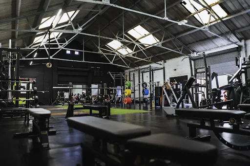 Gym floor with free weights and strength-training machines