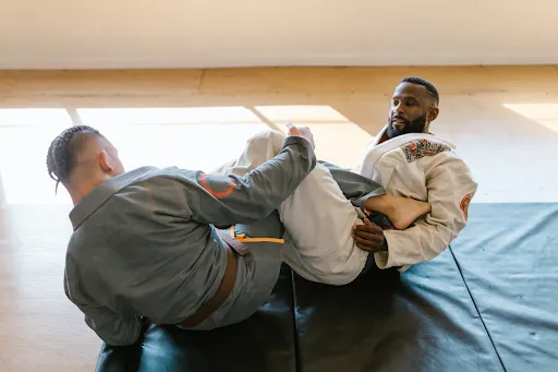 Two martial artists practising a grappling technique on mats