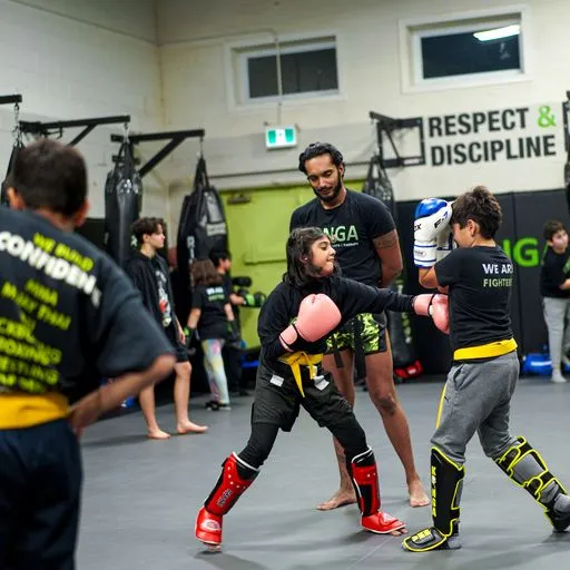 Coach guiding children through a boxing drill