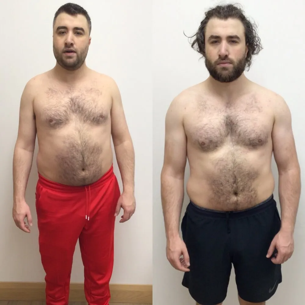 Front-view before-and-after photos of a male Konga member