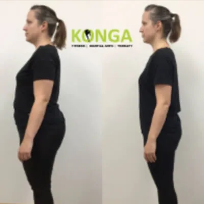 Side-view before-and-after photos of a female Konga member