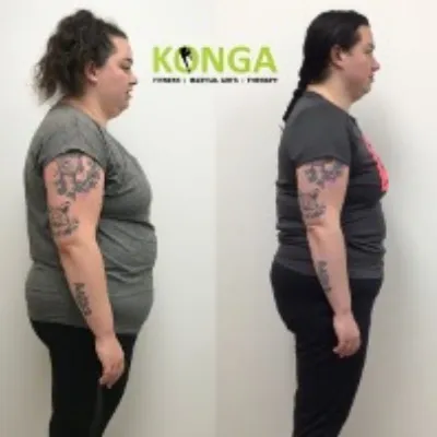 Side-view before-and-after photos of a female Konga member wearing a grey shirt