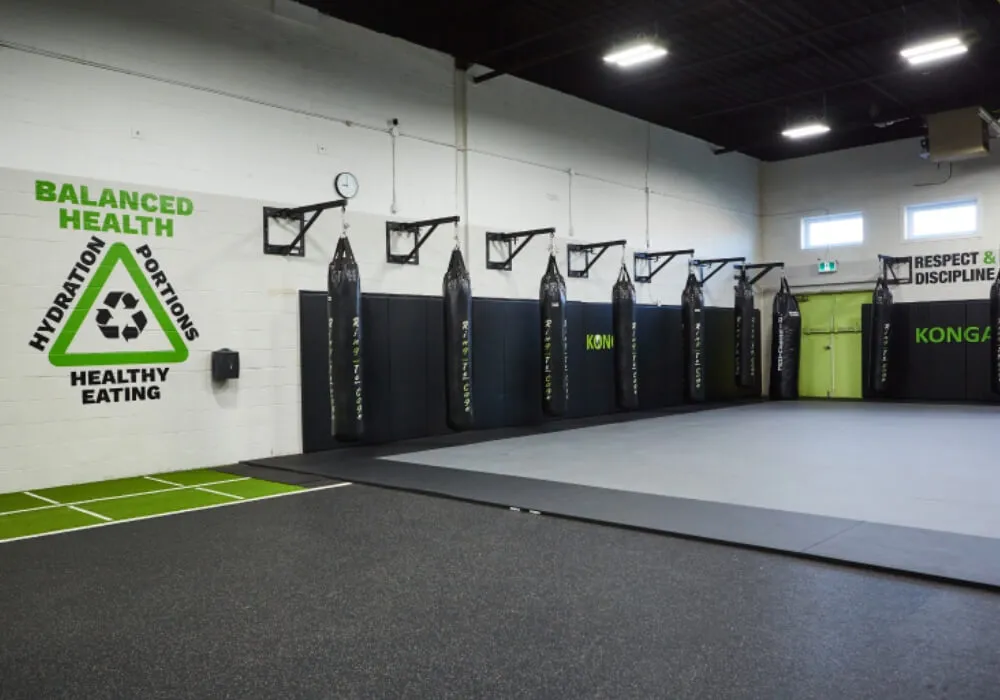 Konga Fitness mat area, turf lane and punching bags