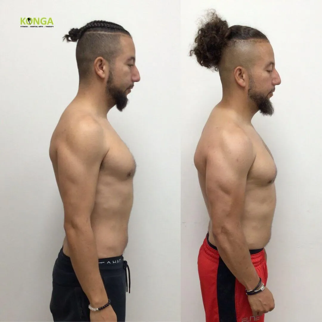 Side-view before-and-after photos of a male Konga member with tied-back hair
