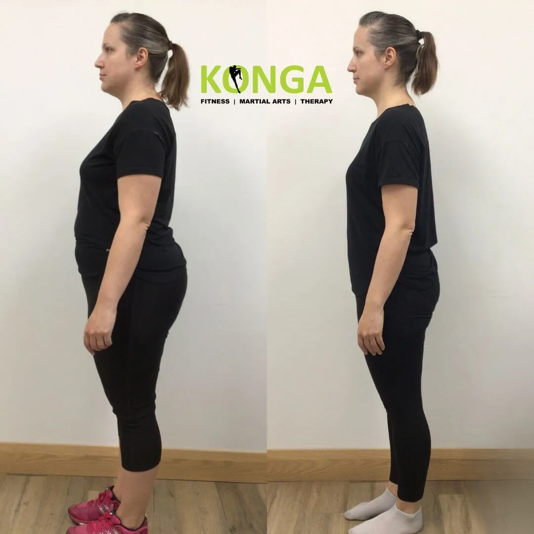 Side-view before-and-after photos of a female Konga member in black workout clothing