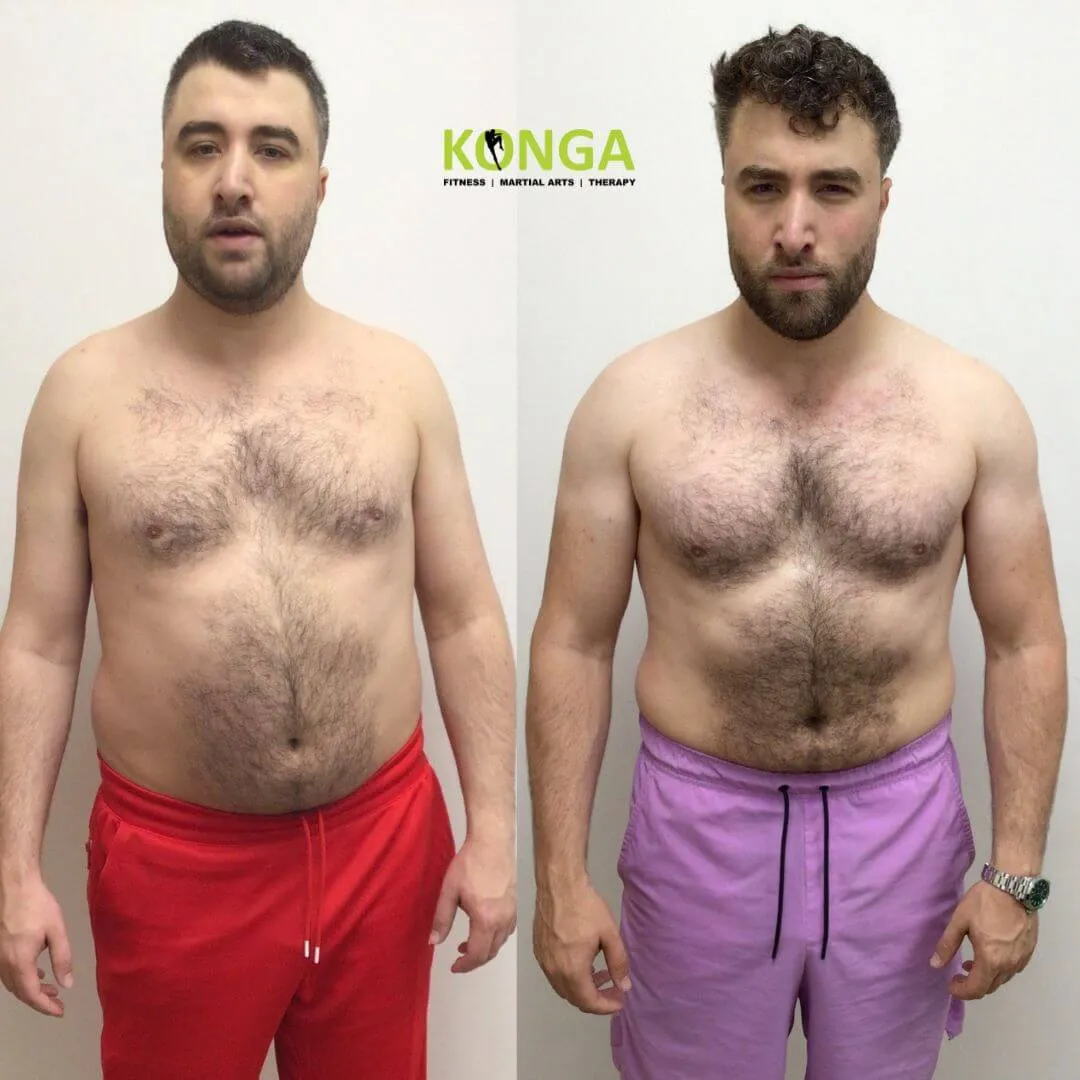 Front-view before-and-after photos of a male Konga member in red and purple shorts