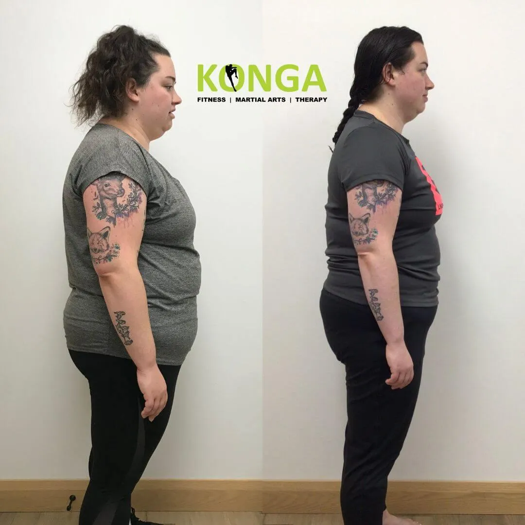 Side-view before-and-after photos of a female Konga member wearing a grey shirt
