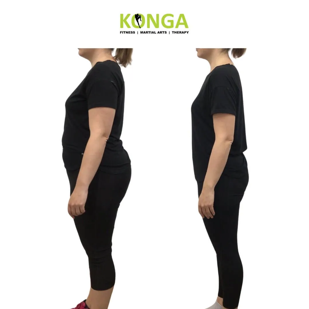 Side-view progress photos of a female Konga member in black workout clothing