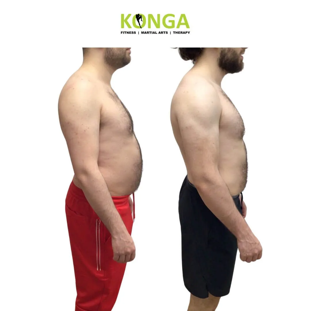 Side-view before-and-after photos of a male Konga member in red and black shorts