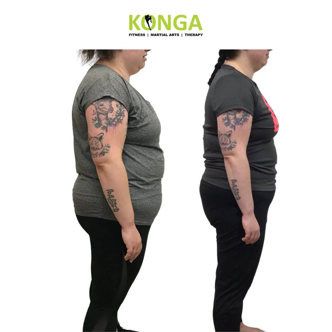 Side-view progress photos of a female Konga member wearing a grey shirt