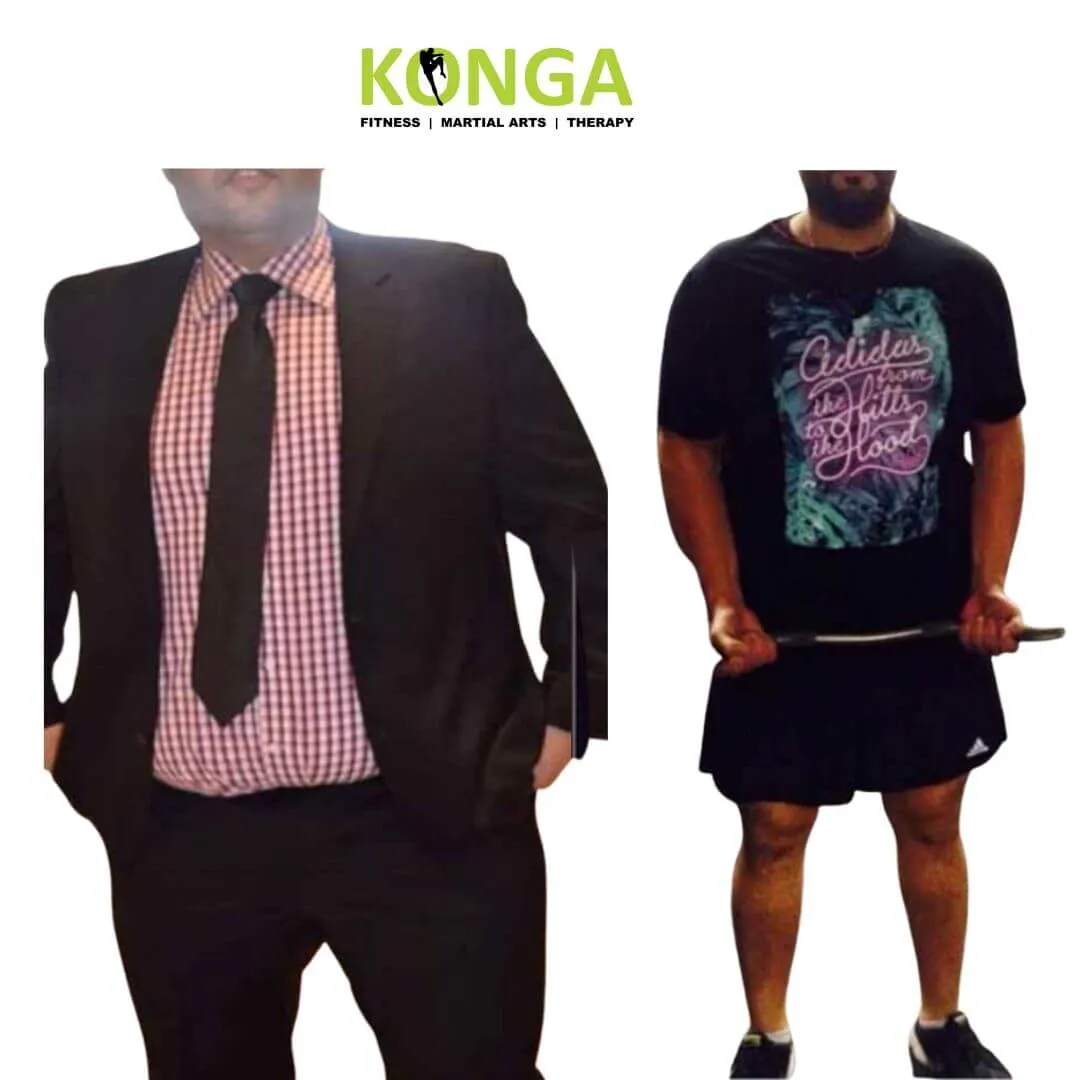 Before-and-after photos of a male Konga member in formal and athletic clothing