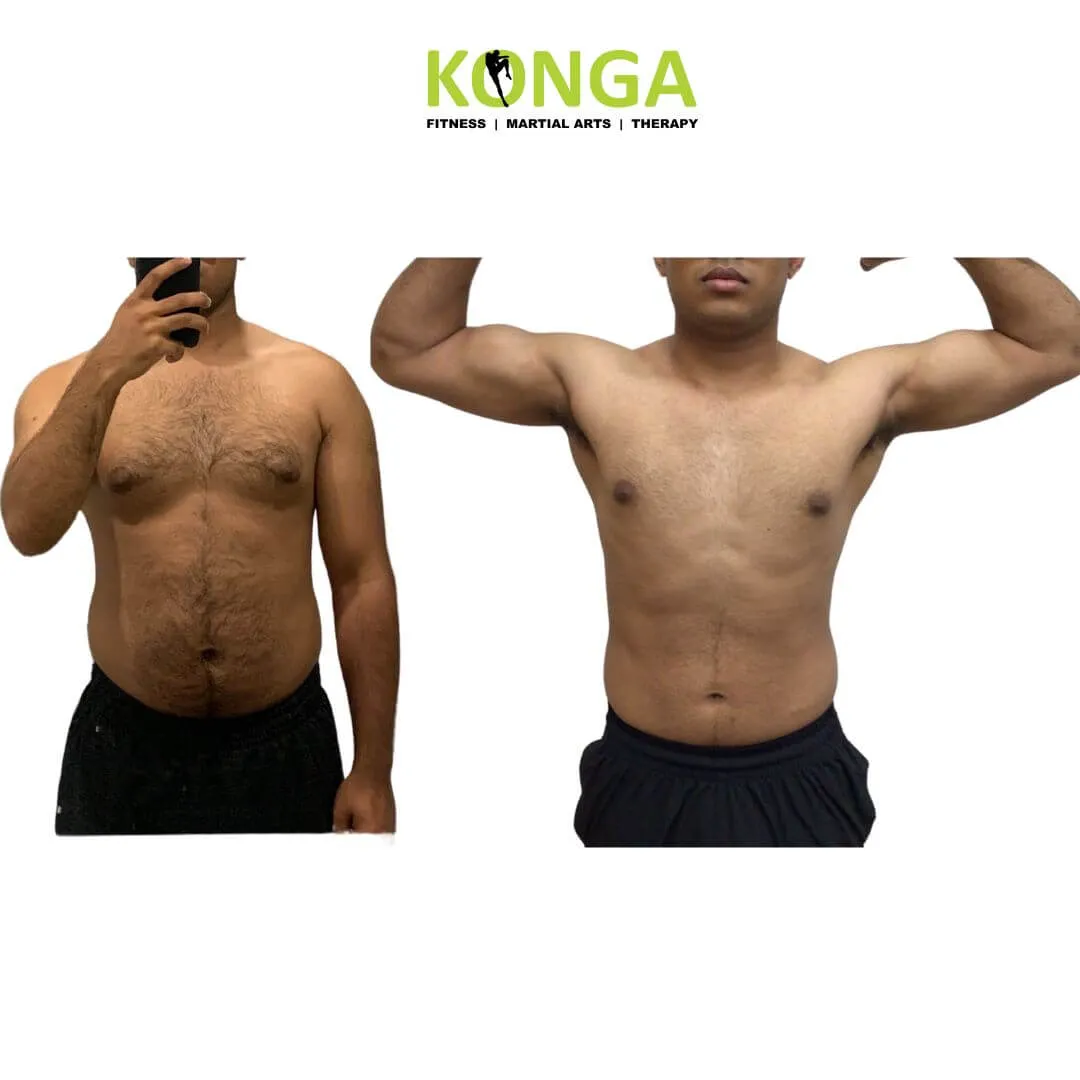 Front-view progress photos of a male Konga member flexing his arms